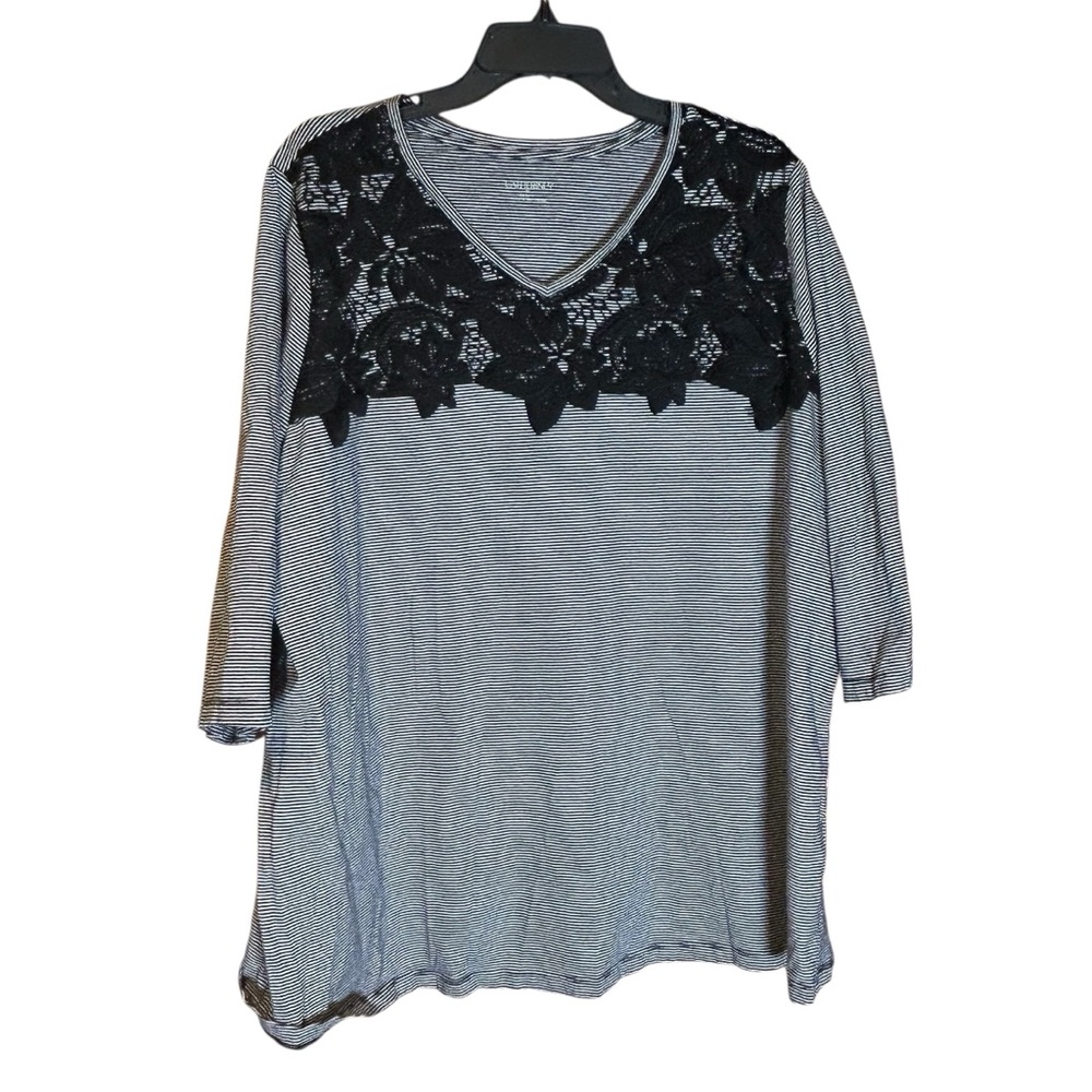 Catherine’s Striped Lace Yoke Top Blouse V Neck‎ Women’s 2X 22 24W Black White
